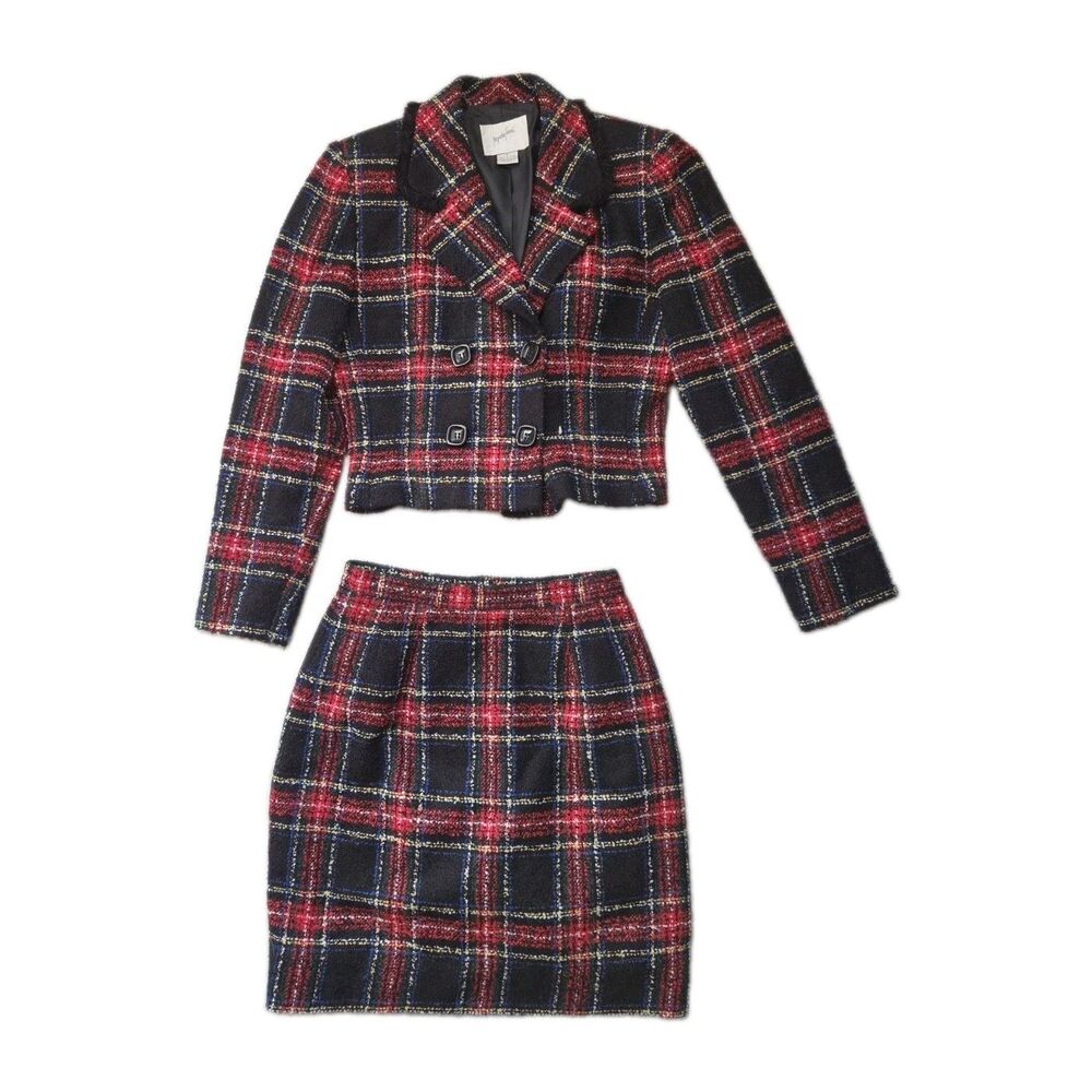 VTG Jacqueline Ferrar Plaid Wool Blend Cropped Blazer Skirt Suit Set Sz 4 EUC